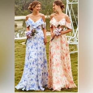 A-Line Satin Floral One Shoulder Long Sleeveless Dress Ocean Blue